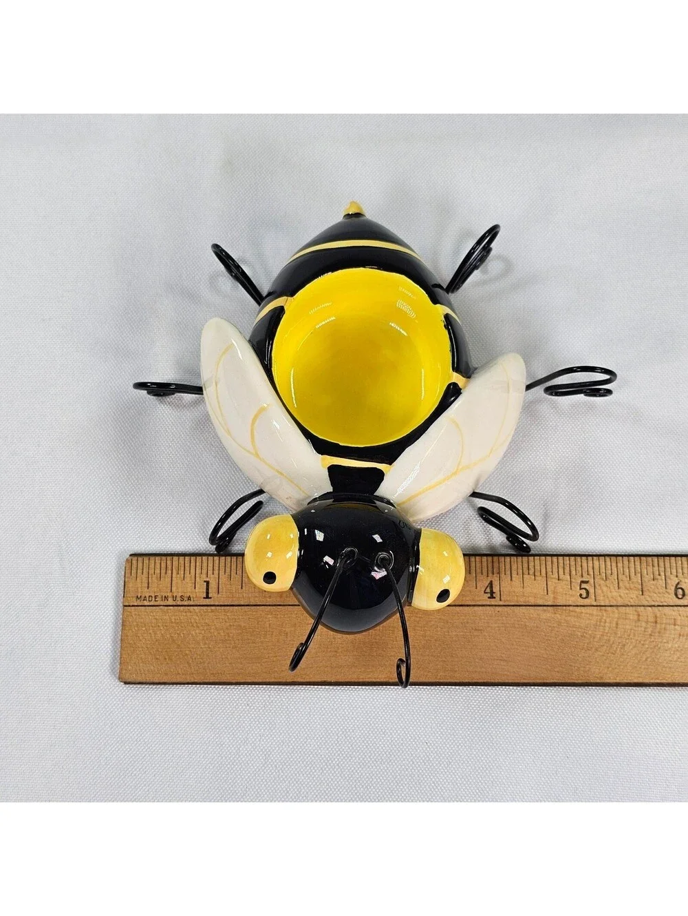 Ceramic Bumble Bee Tea Light Candle Holder Pair Yellow Black Striped Wire Legs